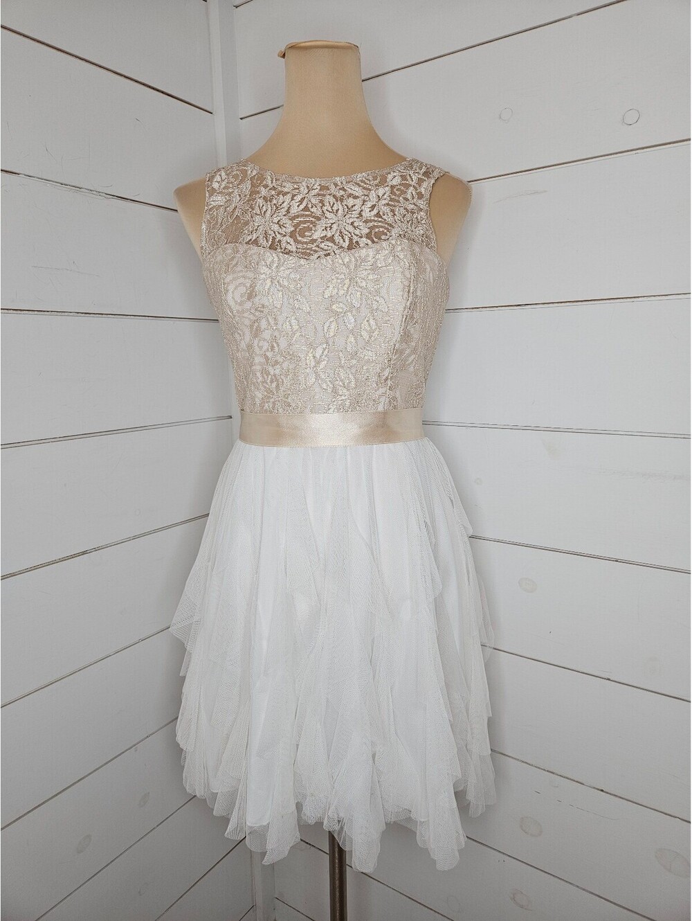 Teeze me size 7 white with shimmery beige lace formal mini dress